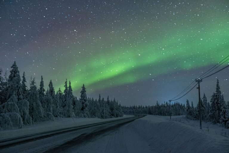 Green aurora borealis lights over a road at night
