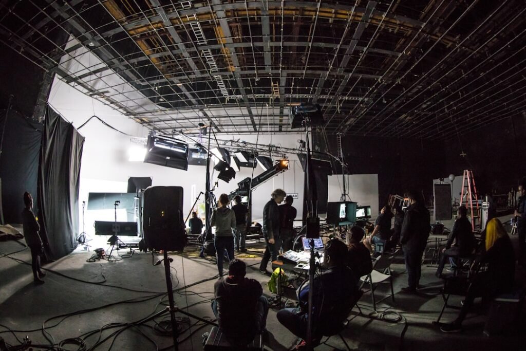 Film production studio set with cameras and lights