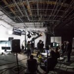 Film production studio set with cameras and lights