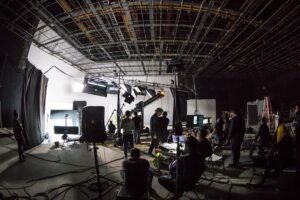 Film production studio set with cameras and lights