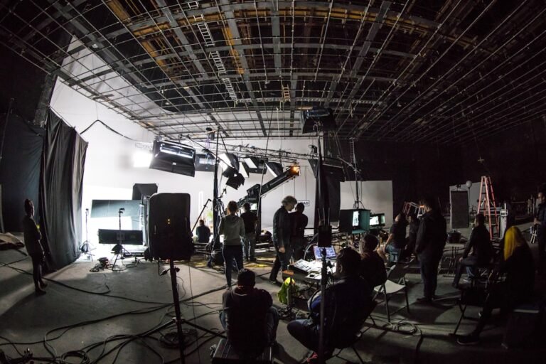 Film production studio set with cameras and lights