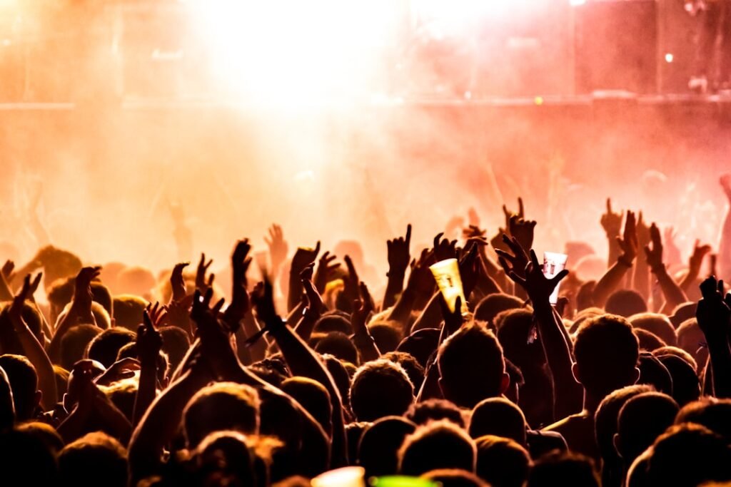 Crowd cheering at a live concert with stage lights