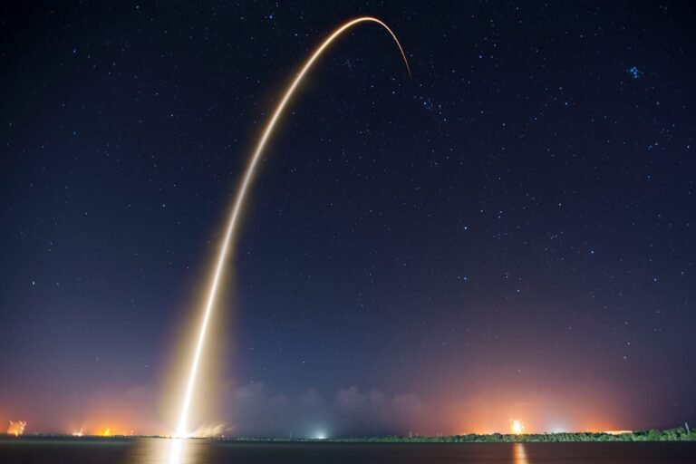 Rocket in space against cosmic night sky